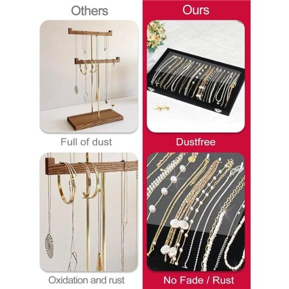 Necklace Organizer Jewelry Tray Velvet Display Box Dustproof Glass Lid Storage - Picture 6 of 7